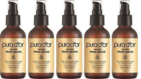 PURA DOR Organic Moroccan PAfLbZ Argan Oil 100 Percent Pure Cold Pressed and USDA Organic Anti-Aging For Face, Hair, Skin and Nails, 4 Fluid Ounce, 5 Pack